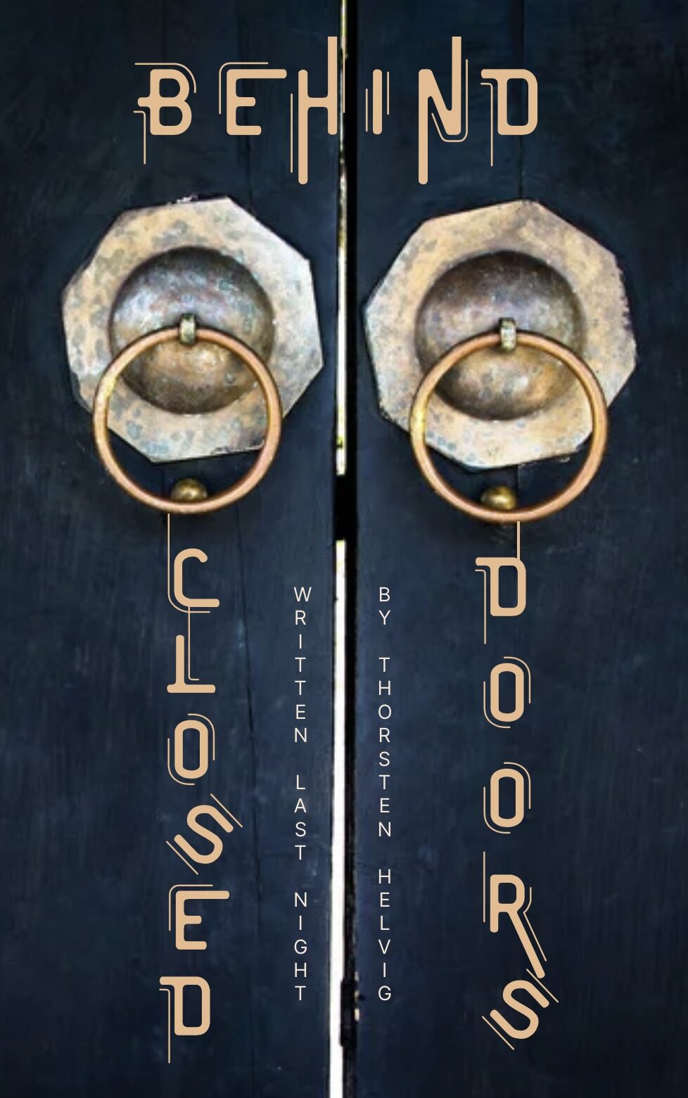 ArtenX Book Cover - Behind Closed Doors A book cover image of a dark blue double door with intricate door knockers