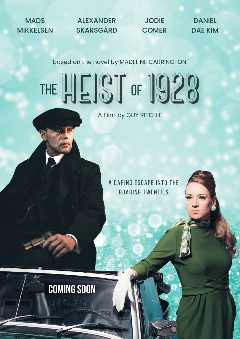 ArtenX Film Poster - The Heist of 1928 A film poster image of a woman in forest green dress and a man holding a gun next to her. They both standing by a car, looking into the abyss. They are in the middle of a daring escape into the roaring twenties.