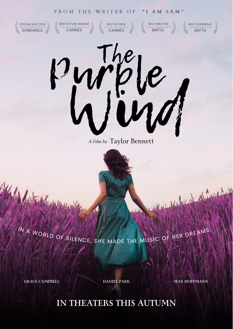 ArtenX Film Poster - The Purple Wind A film poster of a woman running through a purple field under a violet sky. The poster shows the back of a woman with medium wavy red brunette hair, wearing teal dress with a matching teal shoes. Her hands are brushing the top of tall grass in the field as she is running through it.